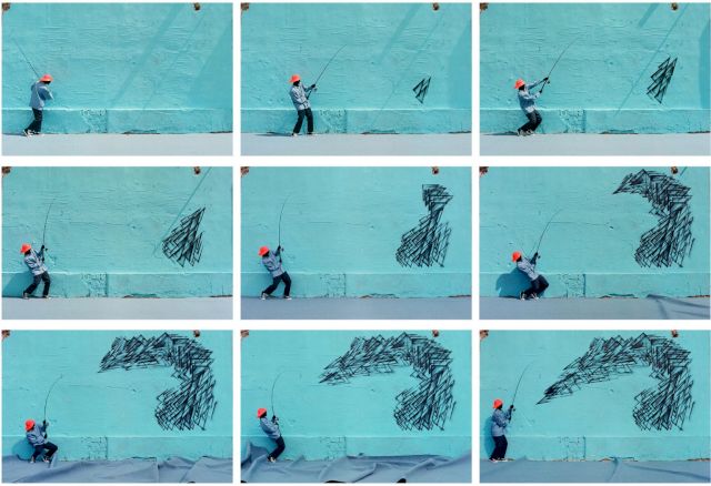 Robin Rhode, School of Fish, 2012. C-Print on Alu-Dibond 9 parts. © Robin Rhode