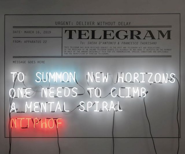 Apparatus 22 TO SUMMON NEW HORIZONS ... (to Sveva and Francesco) 2019 white neon, red neon, black vinyl, telegram 1 from 1 + 1AP