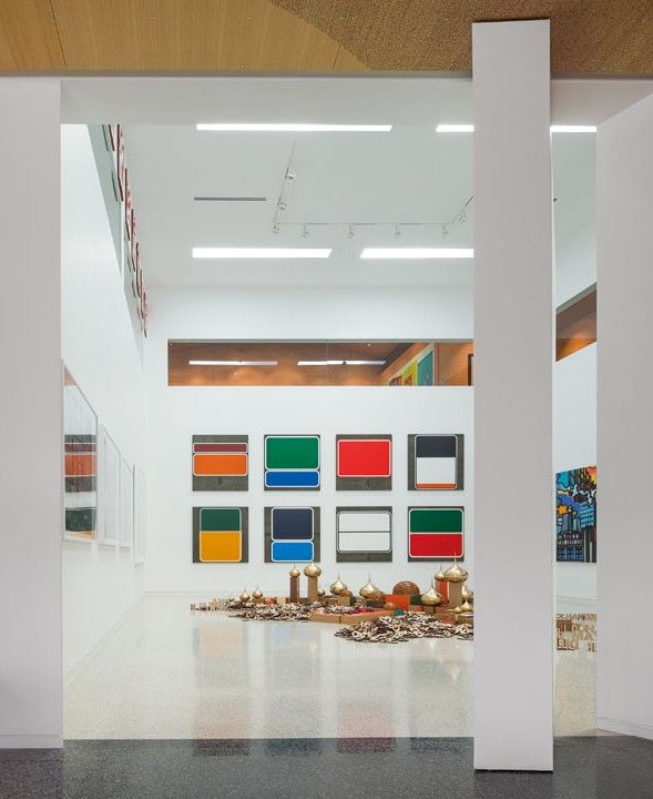 Installation view at Lyon Housemuseum. (Artworks: rear wall - Peter Atkins, Hume Highway Project, 2010; floor work - Emily Floyd, The Outsider, 2005)