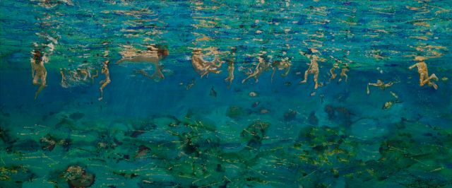Maria Filopoulou Swimmers under water 2004 oil on canvas 80 x 195 cm Photo: Vaharidis Studio
