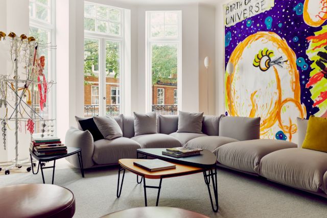 Photo by Michael Sinclair, from the left: Haegue Yang, Up and Down Between Twins, 2010; Judith Bernstein, Birth of the Universe 33, 2014