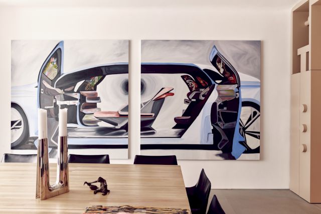 Photo by Katie Lock, from the left: Frieda Toranzo Jaeger, Deep adaptation on Audi Aicon 2020 costume design by H. Memling, 2019; on the table: Francis Upritchard, Monkey Duck Friends, 2009