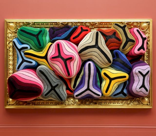 Joana Vasconcelos PORTUGAL True Faith, 2014 Handmade woolen crochet, polyester, on canvas, stucco, gold leaf, MDF, iron 186 x 311 x 67 cm. | 73.2 x 122.4 x 26.3 in. Copyright: Joana Vasconcelos Studio