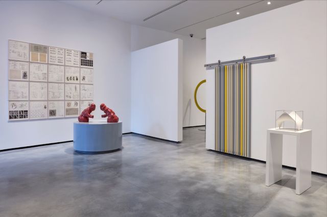 Exhibition View – Mouvnt (1974) and Movimiento transformable IV (1968) José Luis Alexanco; Scorpion and Felix (2012) Liam Gillick and Cubo (División de un cubo por 4 paraboloides hiperbólicos) (1965-1970) Ángel Duarte at Museum of Contemporary Art Helga de Alvear, Photo: Joaquín Cortés