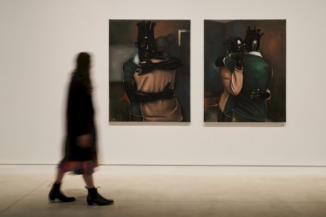 Installation view The ARNDT Collection From One World to Another, Shepparton Art Museum, Shepparton, Australia, Johnson Eziefula "A Covalent One" (2022), "A Covalent One II" (2022)