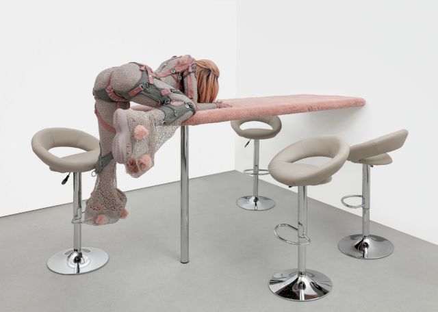 Anna Uddenberg, CLIMBER (Pierced Rosebud), aqua resin, polyurethane foam, styrofoam, steel, vinyl, pleather, synthetic hair, wood, acrylic nails, crocs, faux fur, plywood, steel bracket, 160 x 280 x 170 cm, 2020, photography by Gunter Lepkowski. Photo courtesy of the artist and Havrlant Art Collection