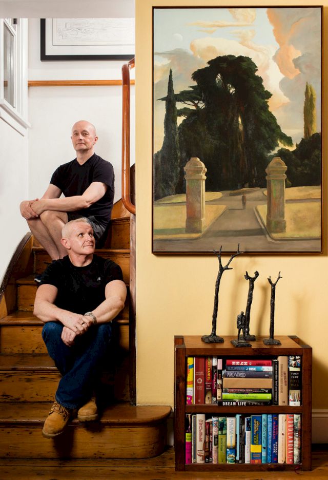 (large painting) Rick Amor “The Gateway (The Man Who Walked Away); (bronze sculpture below painting) Rick Amor, “Marquette for Figure in a Landscape”. Photo: Christopher Pearce