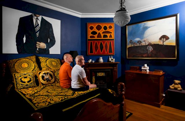 (Large painting over bed and mantle piece) Michael Zavros, “This Charming Man” (large painting over the draws) Robert Dickerson, “Shifting Rocks, Cambewarra”; (small marble road bollards) Alex Seton, “Invitation”. Photo: Christopher Pearce