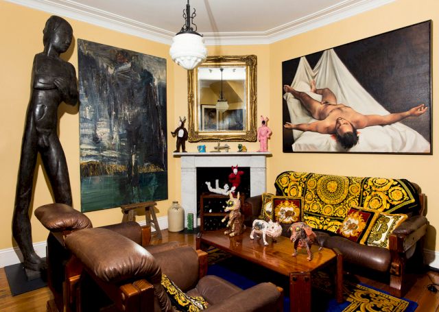 (large bronze work) Terry Stringer, "Wrestlers"; (large painting) Euan Macleod, "Thor"; (bunny works) Todd Fuller “Brown Bunny”; “Lust”; “Pinkie”; (large painting over lounge) Peter Churcher, “Samon”; (ceramic dogs) Jim Coopered, “Ted”; “Untrustworthy Mr. Pink”; “Soft Eared Brindle Sam”. Photo: Christopher Pearce